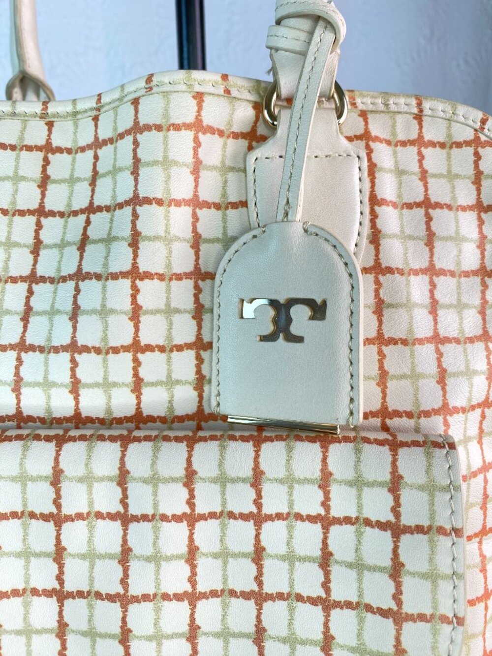 Tory Burch Priscilla Grid Satchel Ivory Orange Leather Top Handle 🌼 Arden - Picture 4 of 17
